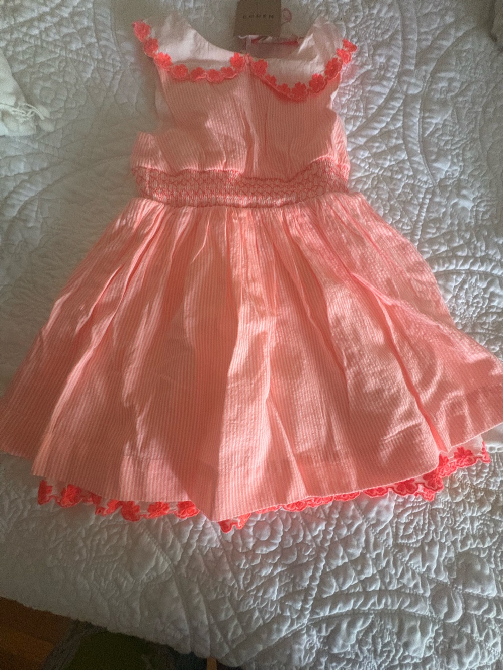 NWT Mini Boden Girls Size 4 Pink Striped Smocked Embroidered Dress